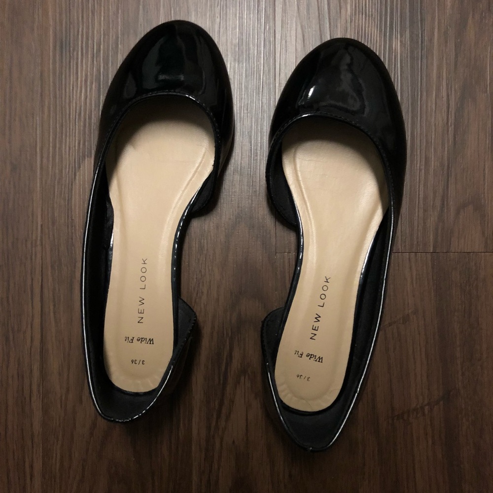 New Look Patent Black Flats (Wide Fit), Size 5.5